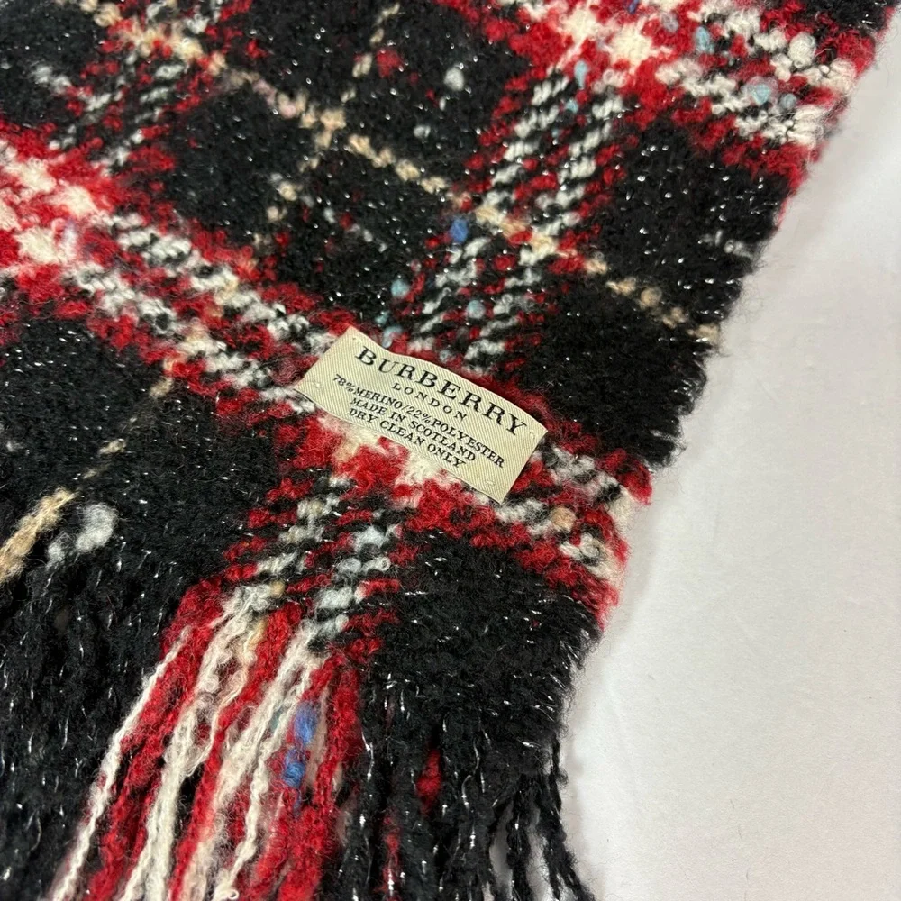 Burberry London Nova Check Black Red Merino Wool Blend Fringe Scarf - Picture 3 of 10